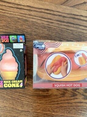 NeeDoh Orange Cone & Jumbo Hot Dog Squishy Sensory Fidget Toy Bundle